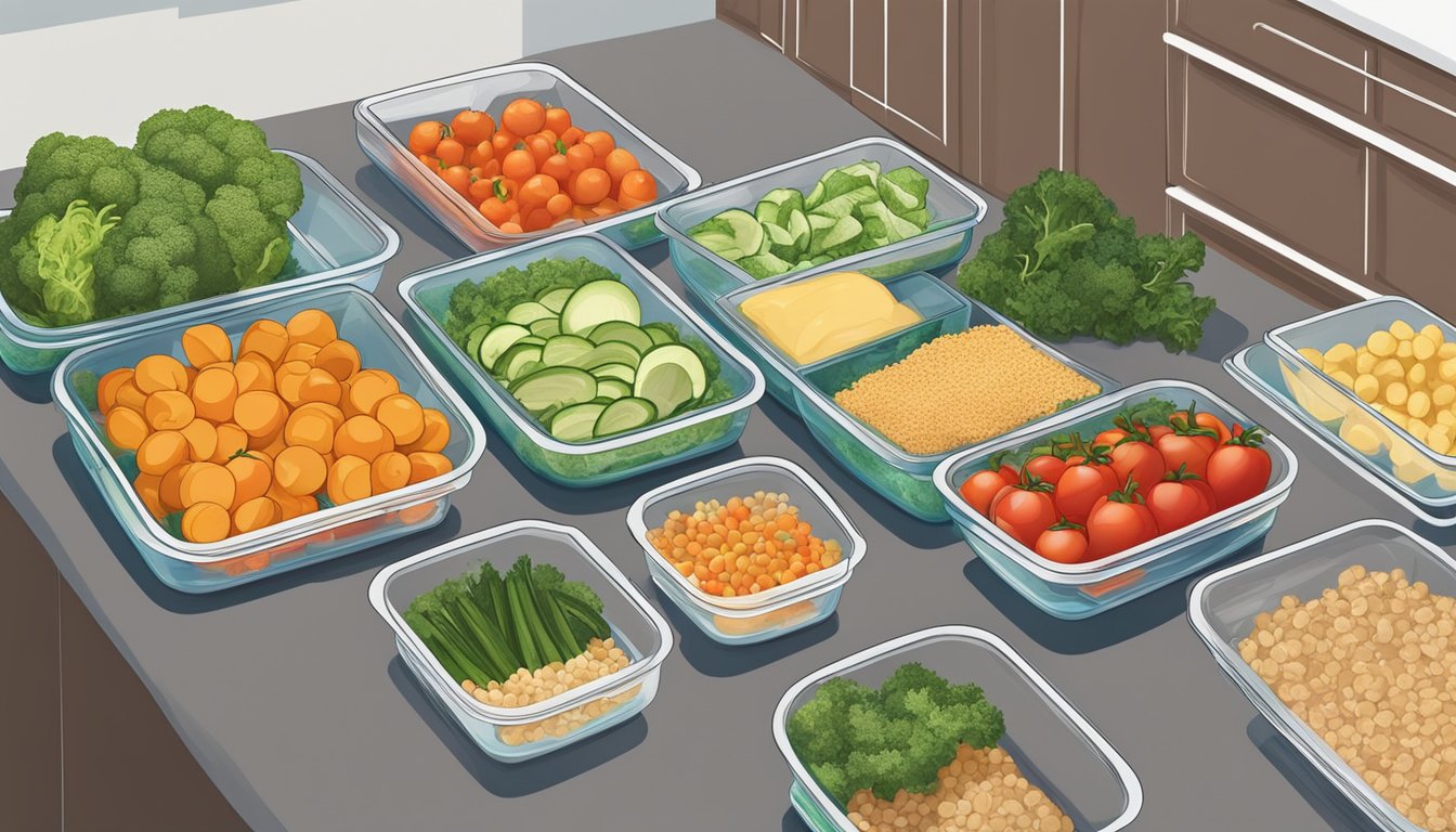 A kitchen counter with various fresh vegetables, lean proteins, and whole grains neatly organized in meal prep containers