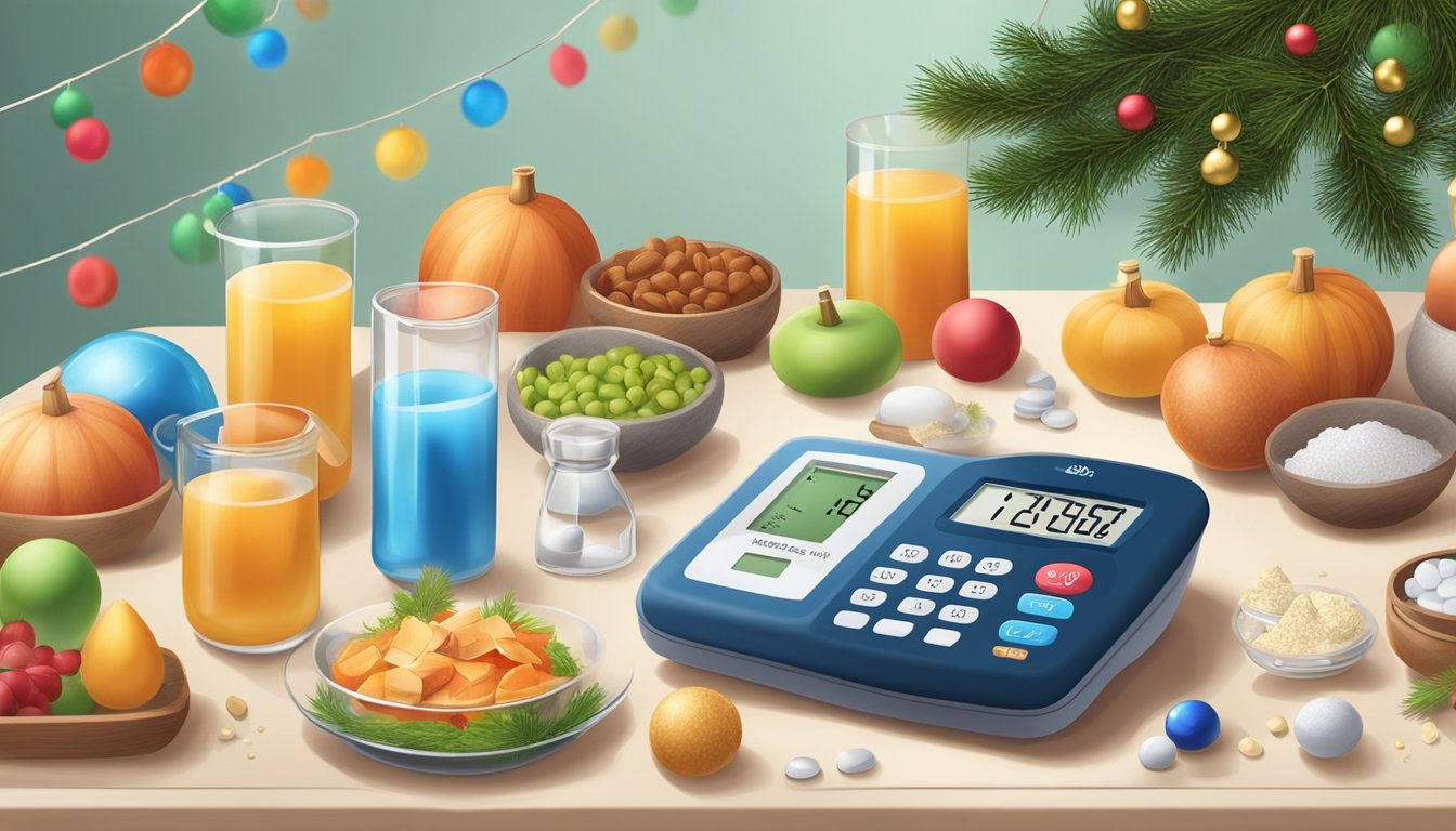 A table with a glucometer, medication bottles, healthy food, and a scale surrounded by festive holiday decorations