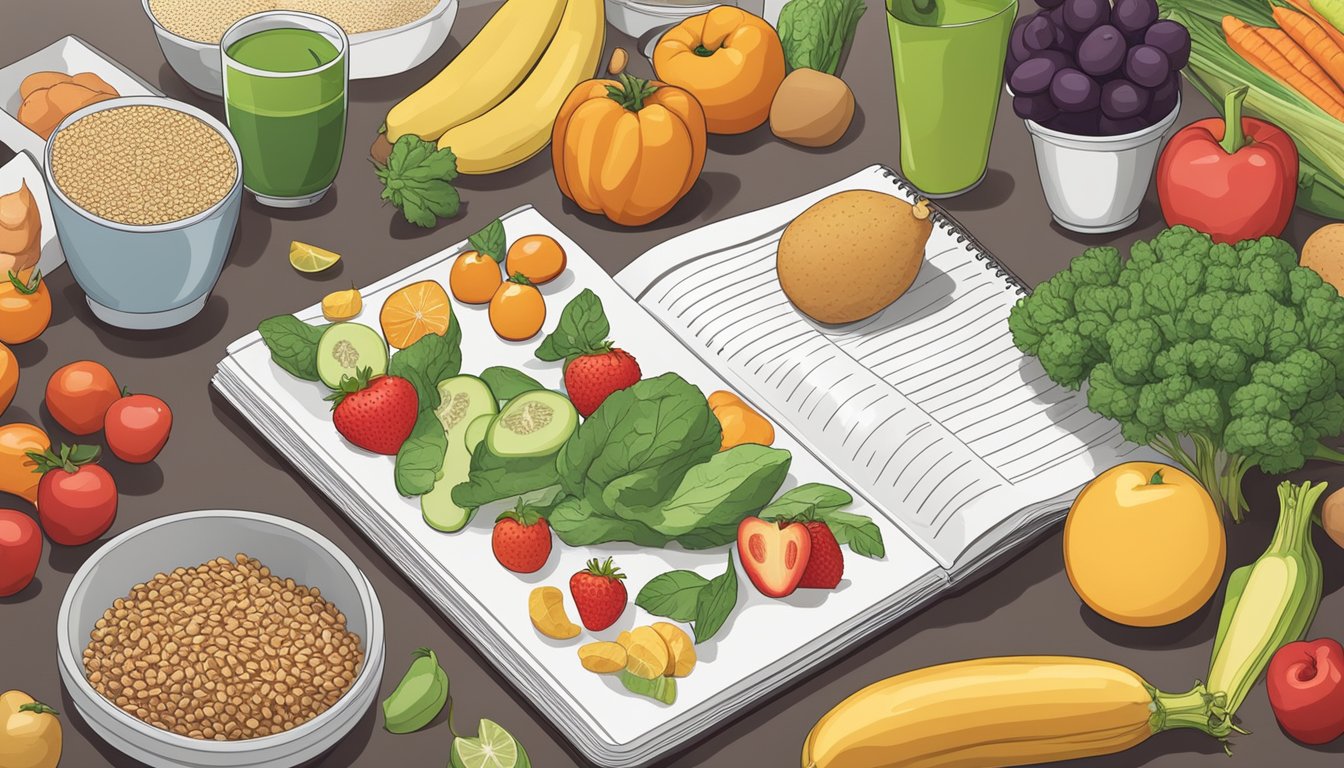 A kitchen counter with a variety of fresh fruits, vegetables, whole grains, lean proteins, and low-sugar condiments. A meal plan notebook and calculator sit nearby