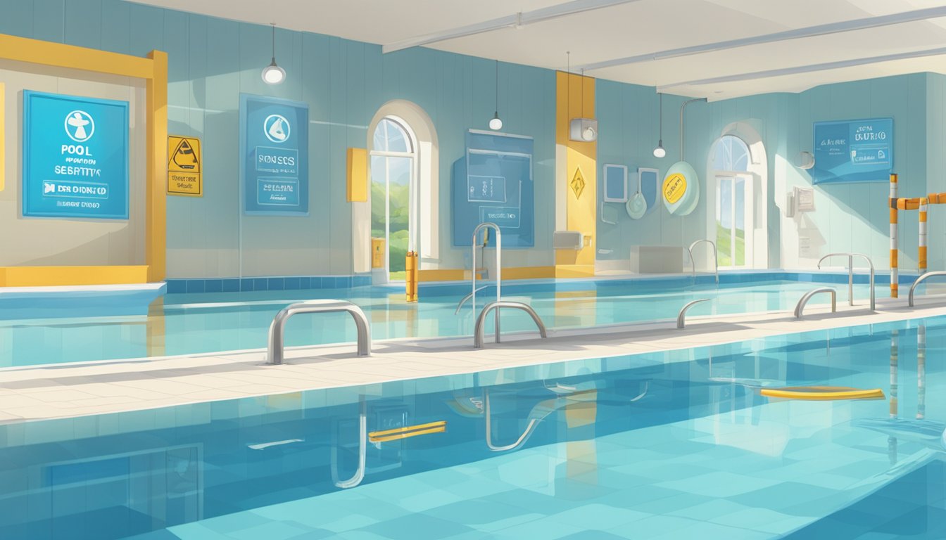 A calm, sunny pool with clear blue water, surrounded by safety signs and equipment. A person swimming laps with a focused expression, showing the benefits of exercise for diabetics aiming to lose weight