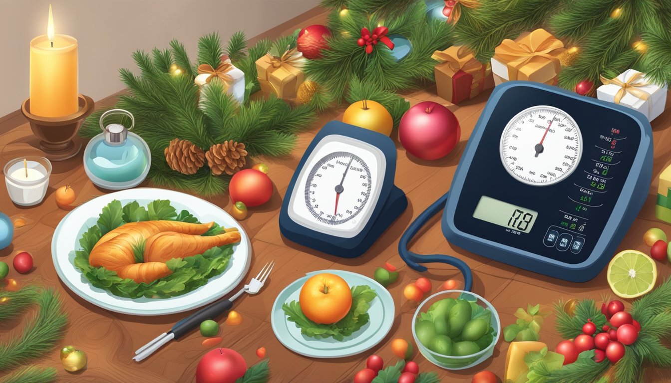 A festive table with healthy food options, a blood pressure monitor, and a scale surrounded by holiday decorations