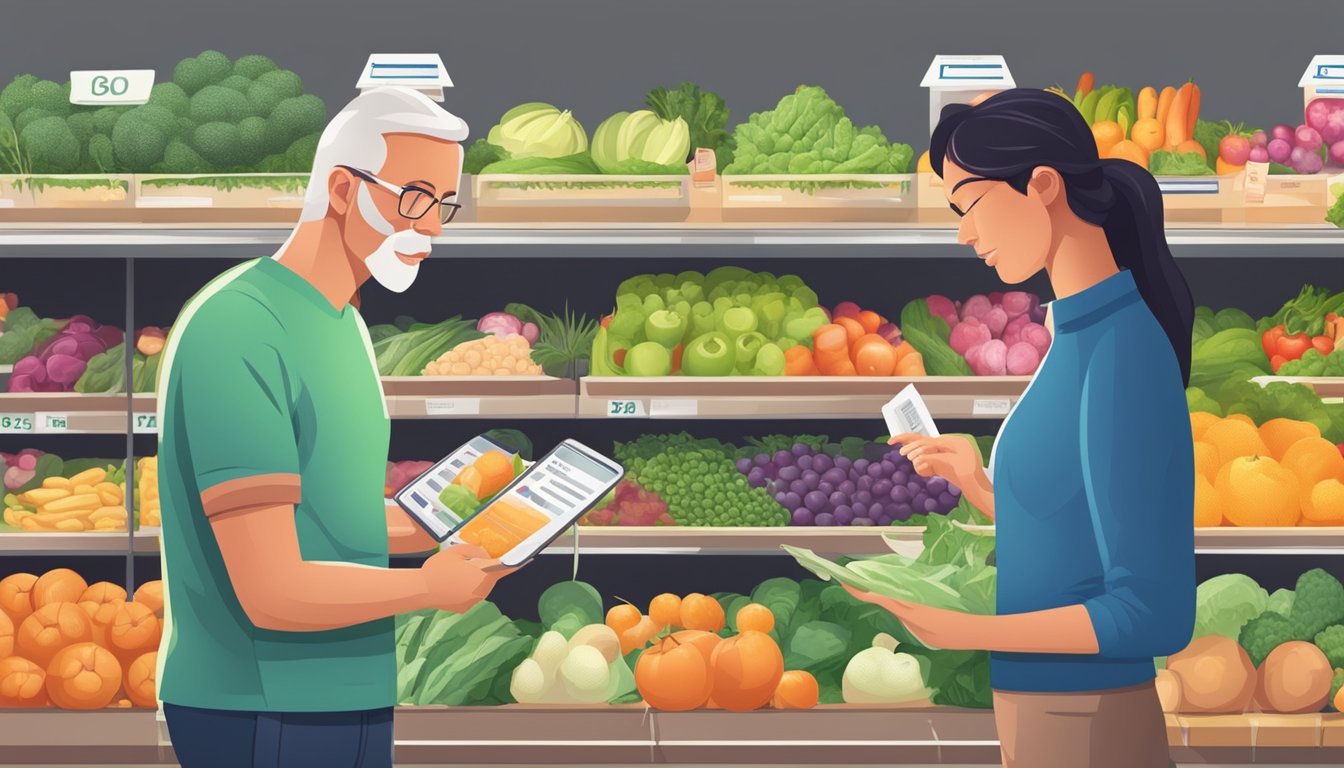 A person with diabetes compares prices and reads nutrition labels while shopping for fresh produce and lean proteins