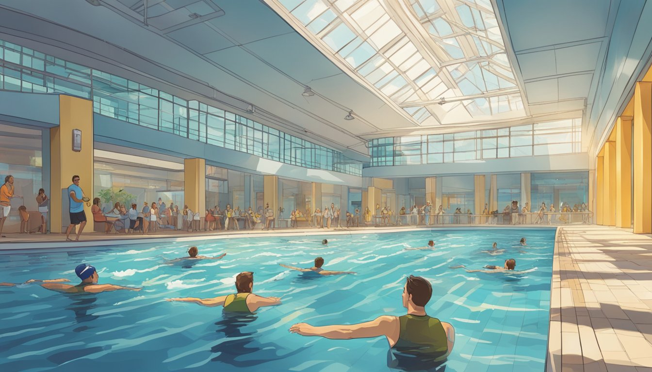 A person swimming laps in a bright, indoor pool surrounded by supportive onlookers and a trainer