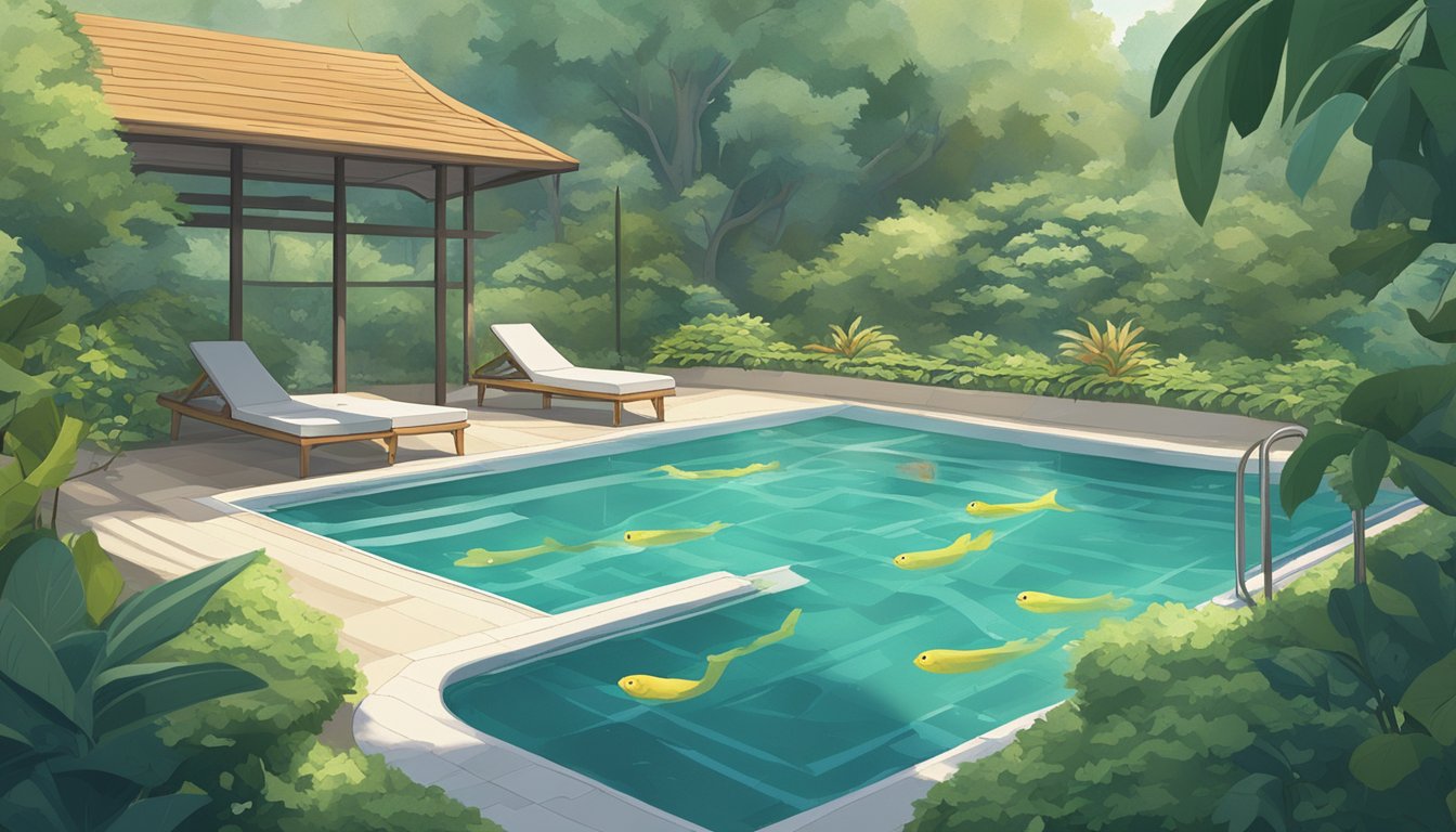 A serene pool surrounded by lush greenery, with swim lanes, kickboards, and floating noodles scattered around