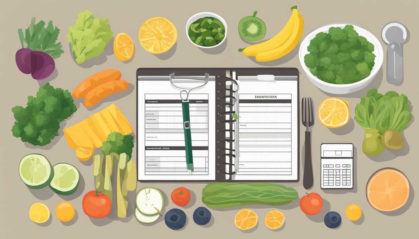 A kitchen table with a variety of healthy foods, a budgeting spreadsheet, and a measuring tape