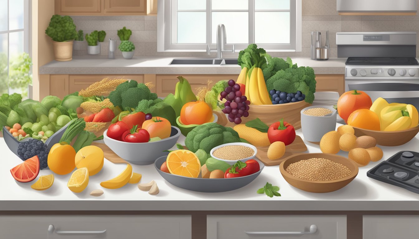 A kitchen counter with a variety of fresh fruits, vegetables, lean proteins, and whole grains. A cookbook open to a page of healthy diabetic recipes