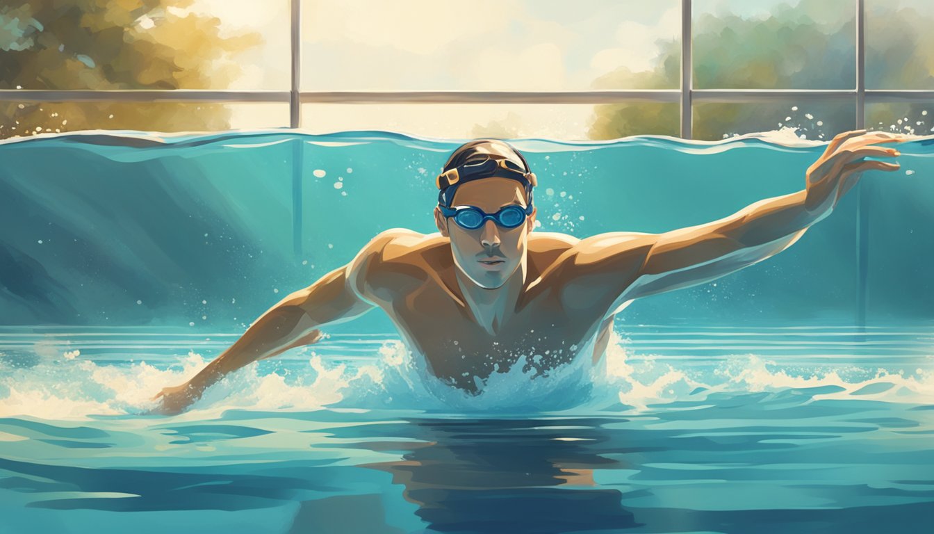 A person swimming laps in a pool, with a focus on their rhythmic strokes and the calm, serene atmosphere of the water