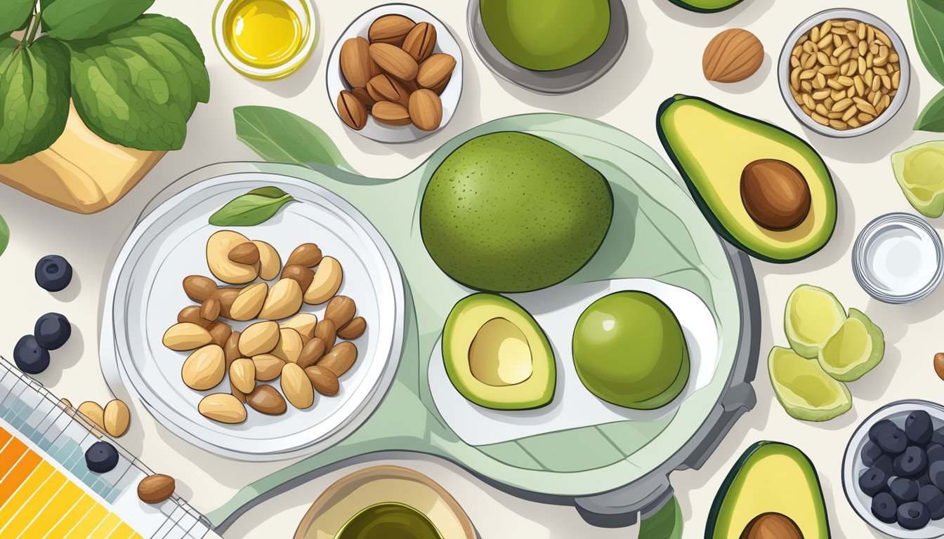 A colorful array of heart-healthy foods, including avocados, nuts, and olive oil, displayed alongside a budgeting spreadsheet and a scale