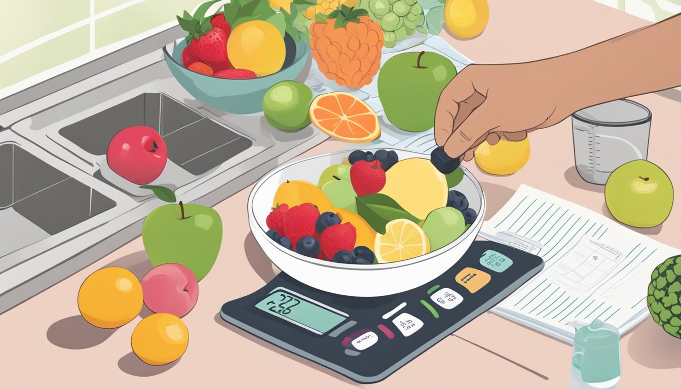 A kitchen counter with a scale, measuring cups, healthy food, and a budget planner. A person's hand reaching for a piece of fruit