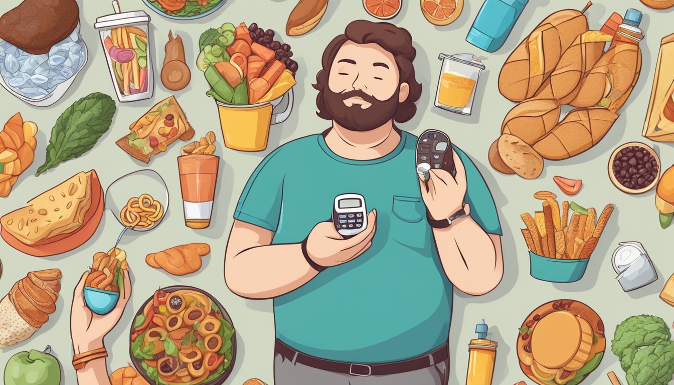 A person surrounded by unhealthy food options while also holding a blood sugar monitor