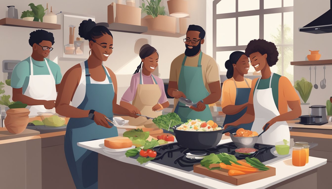 A diverse group of people exercising and cooking healthy meals together in a supportive environment