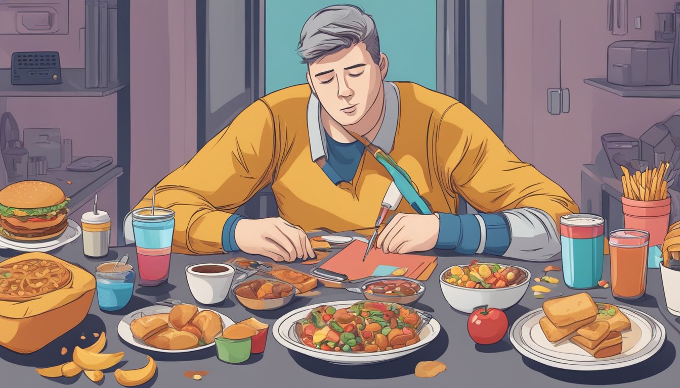 A person sitting at a table, surrounded by unhealthy food and a blood glucose monitor. The person looks distressed and overwhelmed