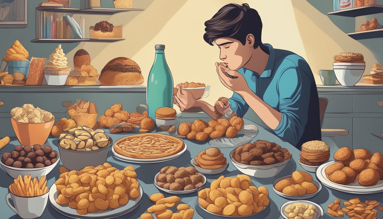 A person surrounded by tempting, unhealthy foods while struggling to resist cravings, with a looming shadow of diabetes in the background