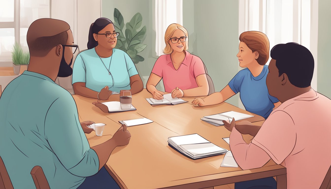 A group of individuals with diabetes engaging in a support group meeting, discussing their weight loss successes and challenges