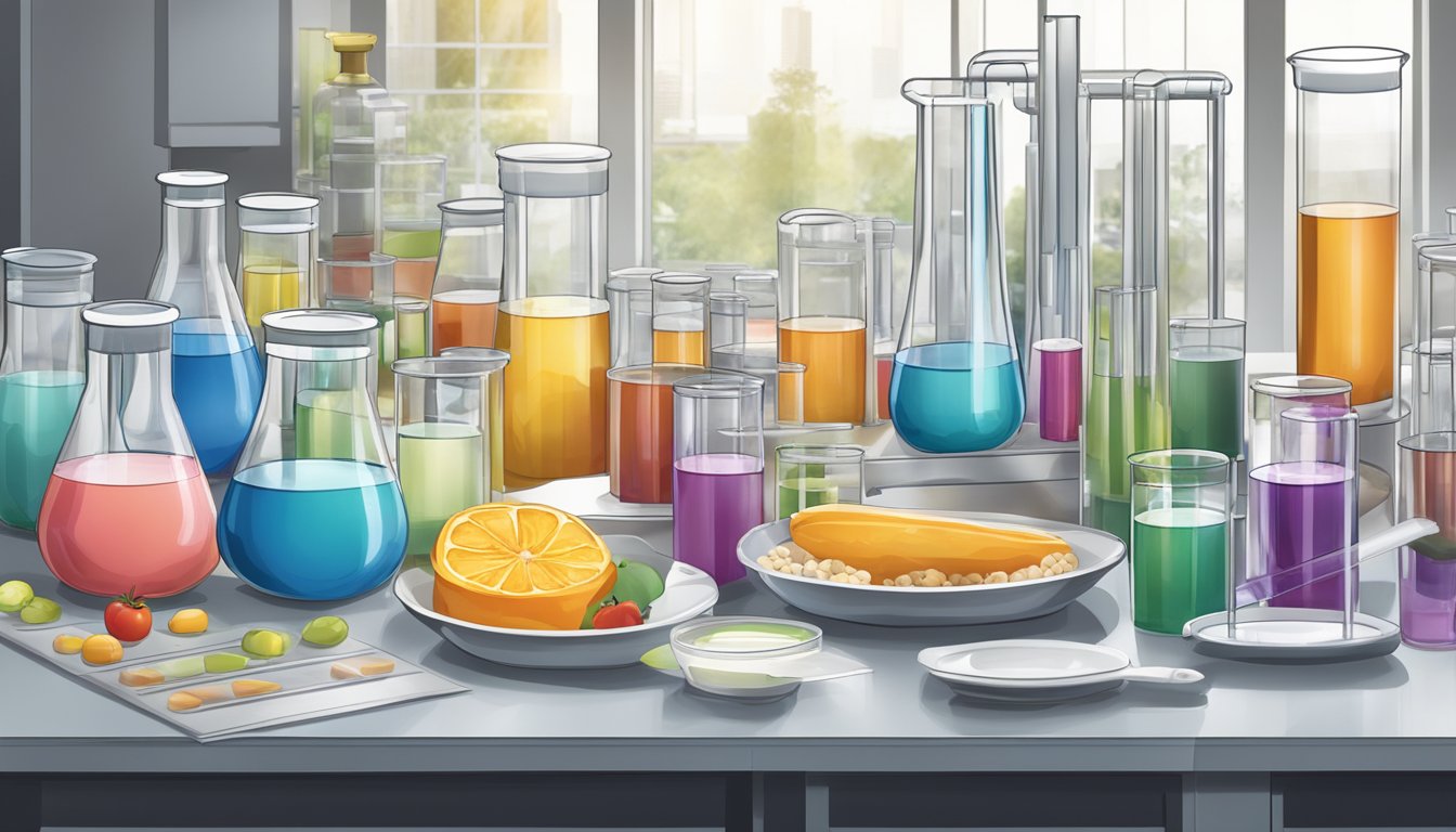 A lab setting with test tubes, data charts, and food samples for statistical analysis in food addiction research