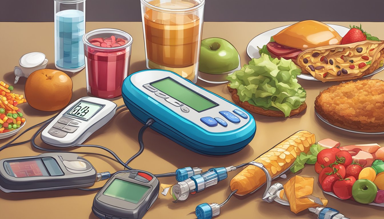 A table filled with unhealthy processed foods next to a blood glucose monitor and insulin syringe, representing the link between food addiction and diabetes