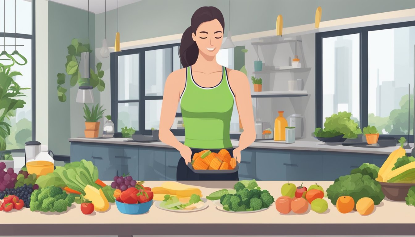 A person preparing a balanced meal with fruits, vegetables, and lean protein, while exercising in a gym