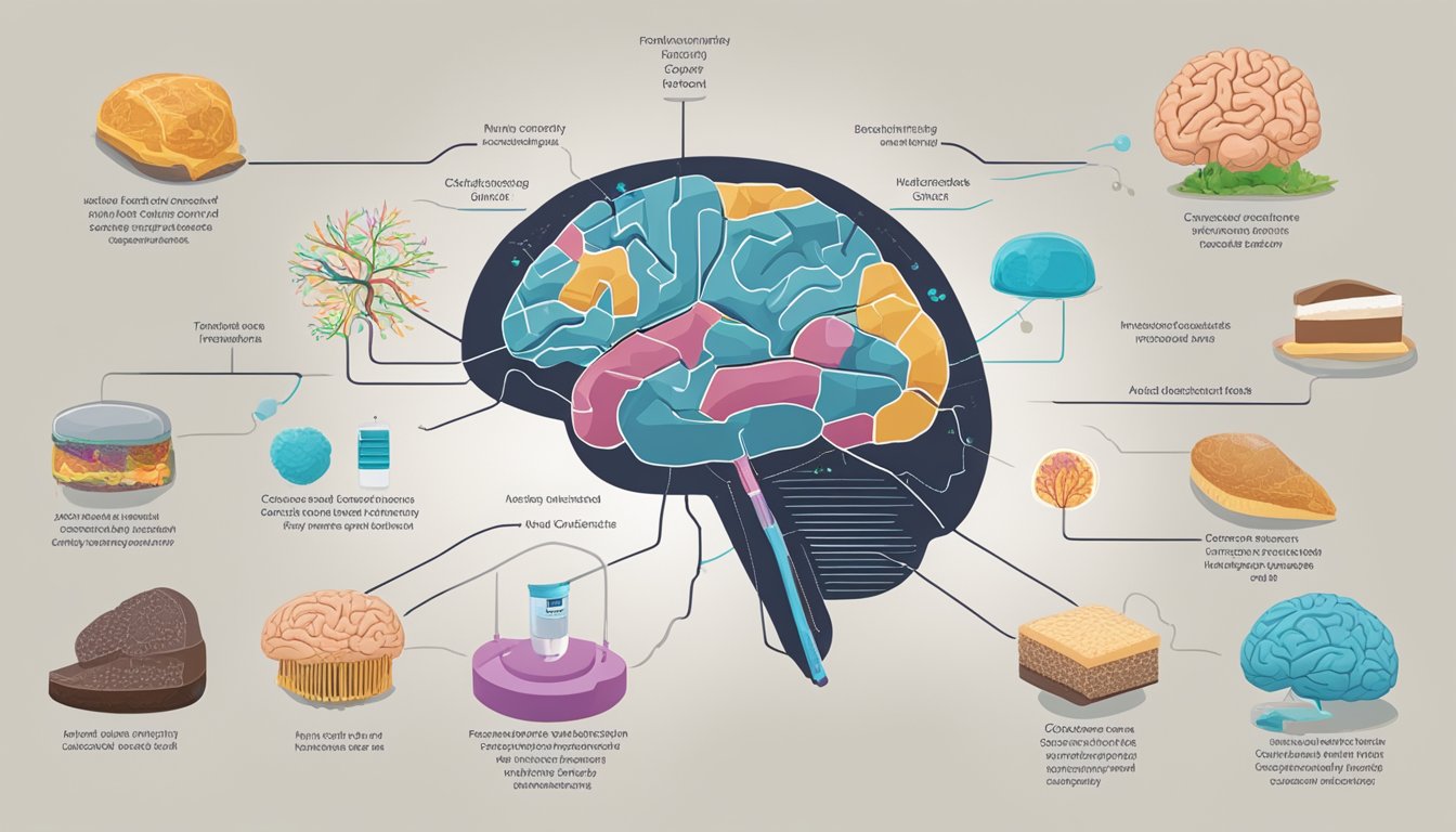 A brain with circuitry showing reward pathways activated by sugary foods, and insulin resistance leading to T2D