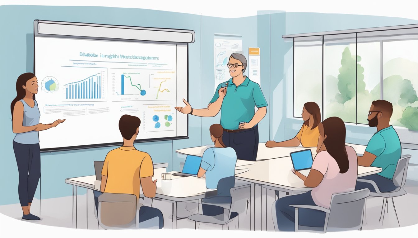 A classroom setting with a whiteboard and charts explaining the role of metabolism in diabetic weight management. An instructor and students engaging in discussion