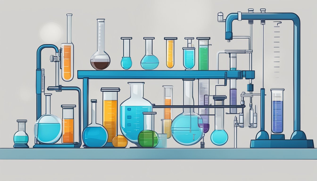 A laboratory setting with test tubes, beakers, and scientific equipment. A chart showing the metabolic process in diabetic weight management