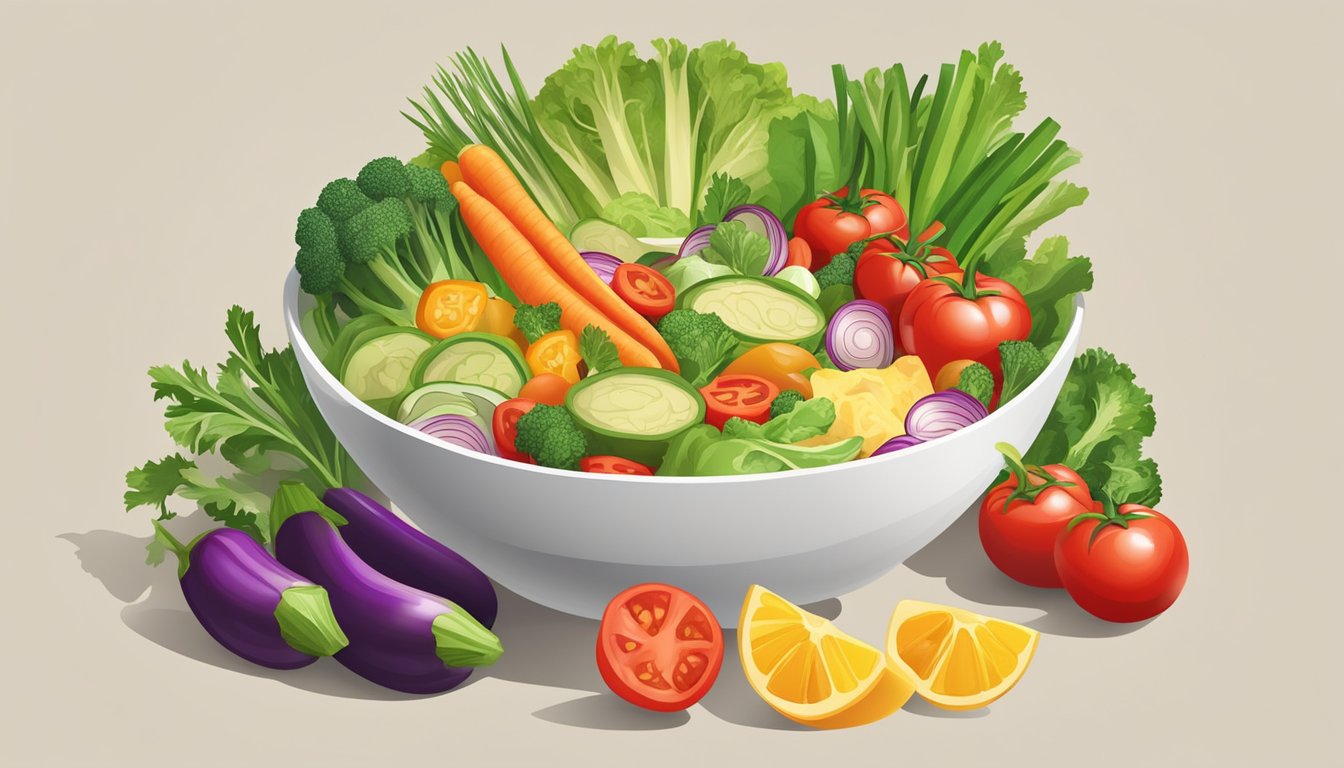 A colorful array of fresh vegetables and lean proteins arranged in a bowl, with a side of vinaigrette dressing