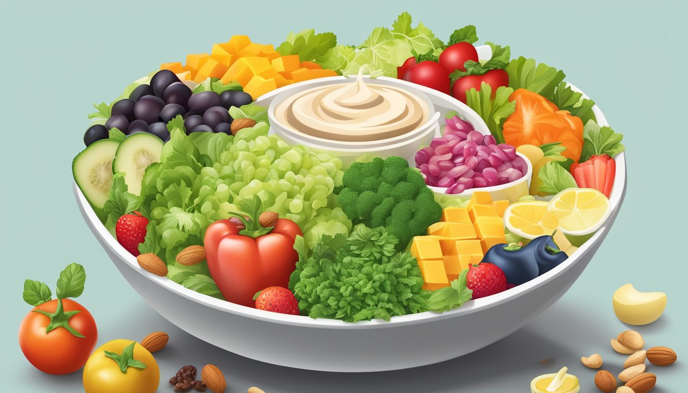 A colorful array of fresh vegetables, fruits, nuts, and lean proteins arranged on a large salad bowl, with various dressings and toppings nearby