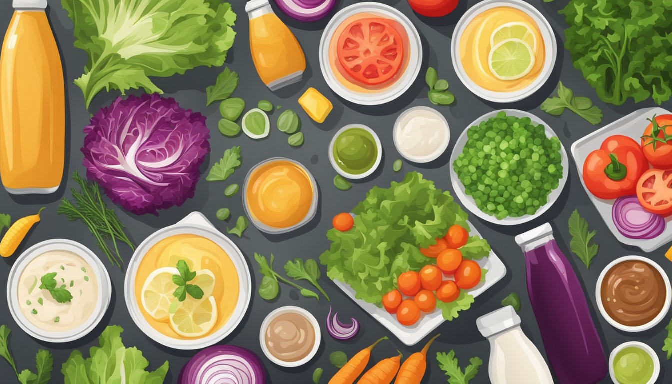 A colorful array of fresh vegetables and lean proteins arranged on a cutting board, with a variety of salad dressings and portioned containers for meal prep