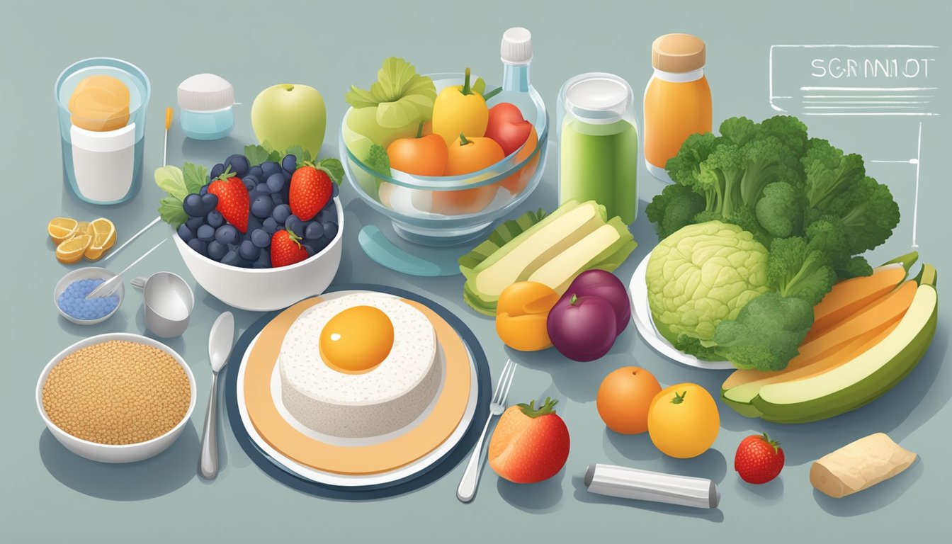 A table set with a balanced meal of fresh fruits, vegetables, lean proteins, and whole grains, surrounded by medical supplies and a wound care chart