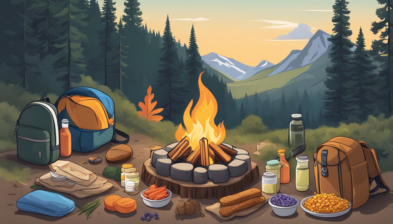 A campfire surrounded by diabetic-friendly meal ingredients, with hiking boots and a backpack nearby