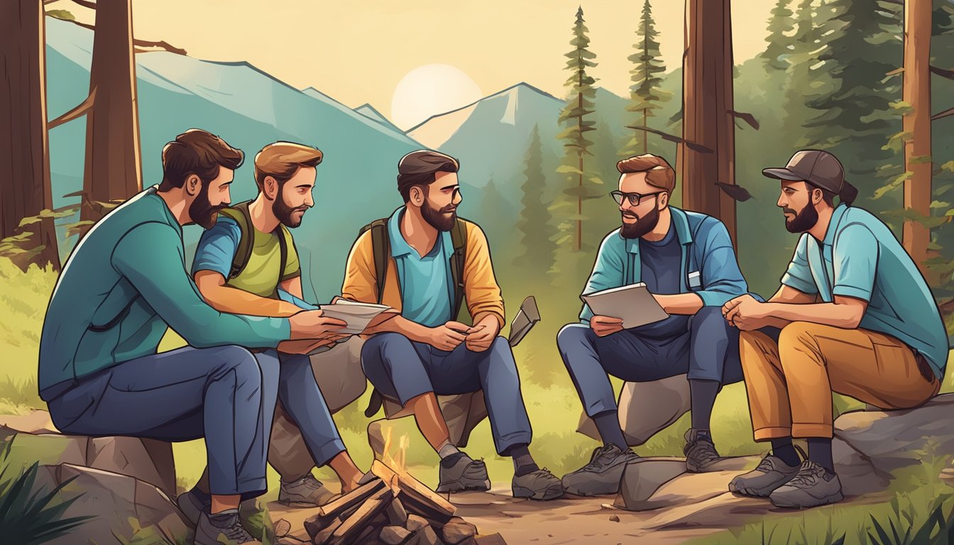 A group of healthcare professionals discuss diabetic meal plans while camping and hiking outdoors