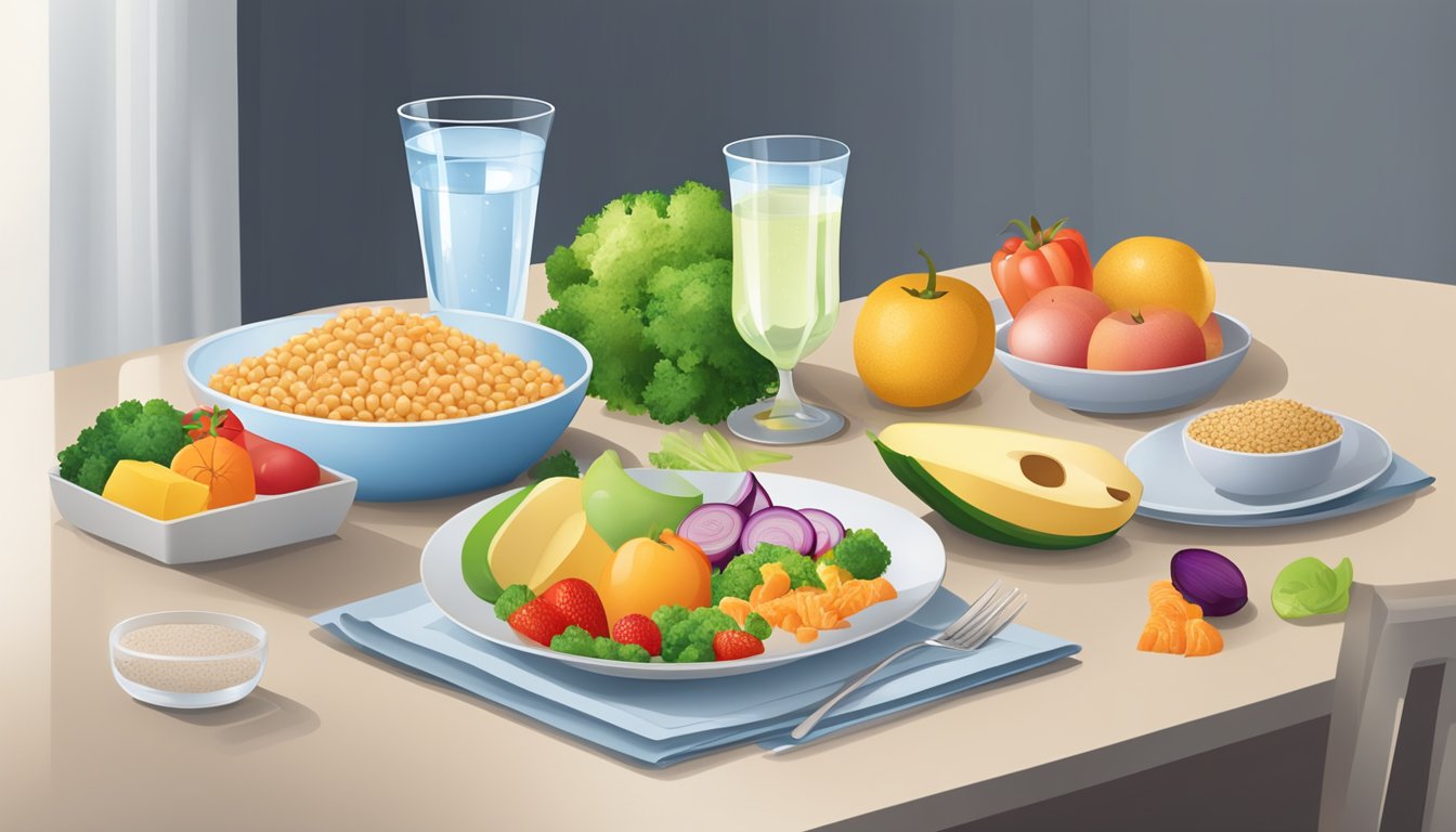 A table set with a balanced meal: lean protein, whole grains, colorful vegetables, and a piece of fruit. A glass of water completes the scene