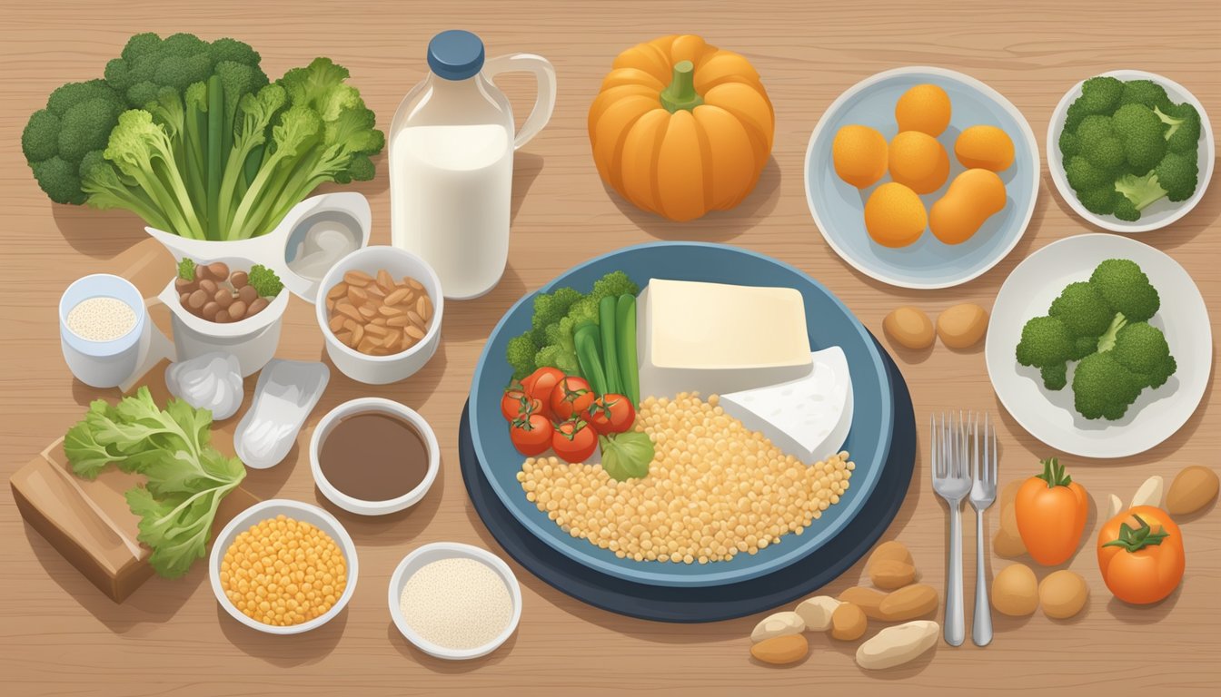 A table set with a balanced meal of lean protein, whole grains, vegetables, and dairy, with a focus on foods that promote bone health for diabetics