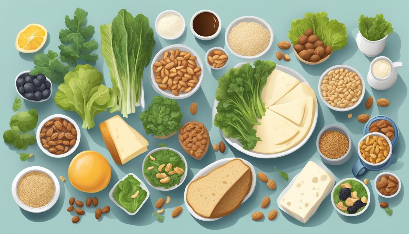 A table set with a variety of foods, including dairy products, leafy greens, nuts, and whole grains, with a focus on bone health and diabetic-friendly options