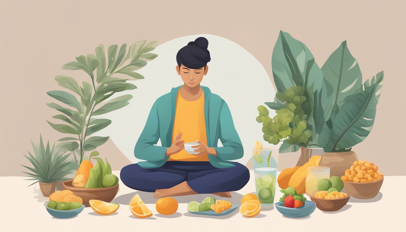 A person meditates while sipping water and choosing healthy snacks