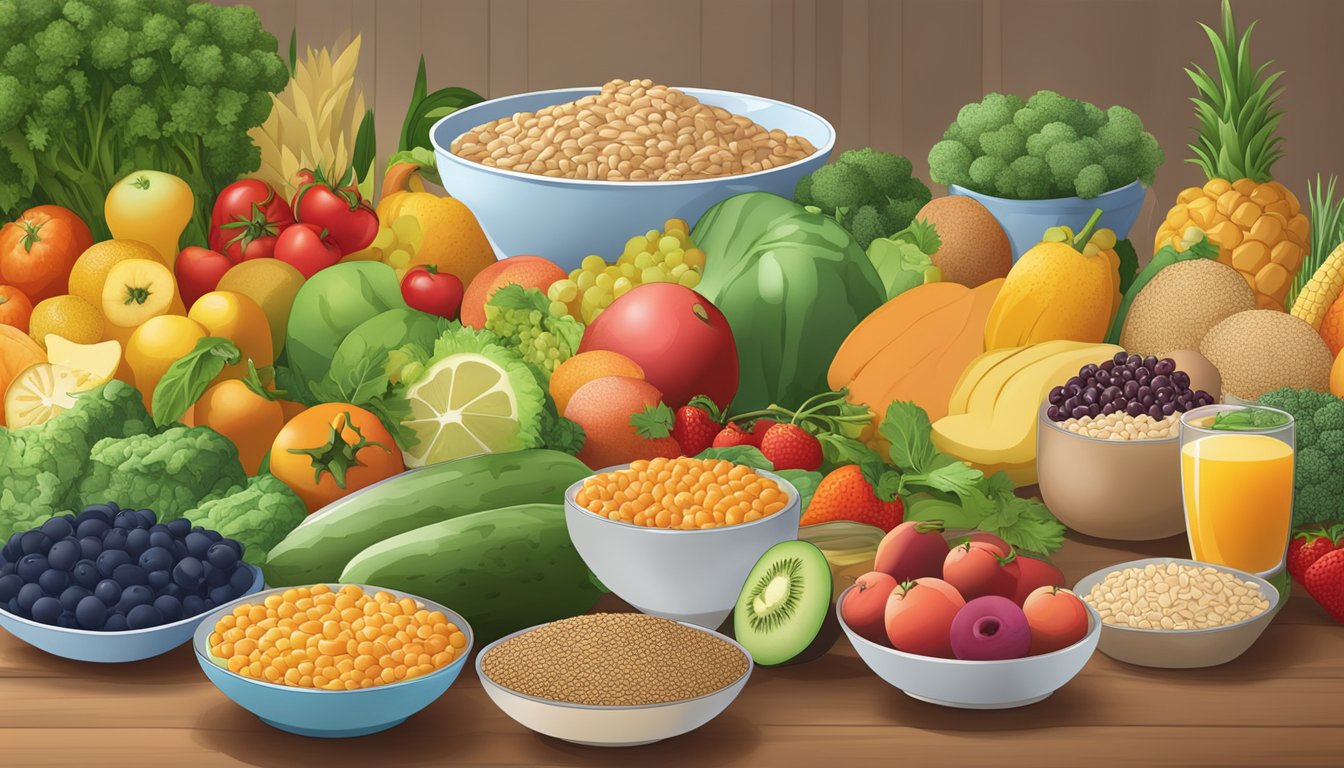 A colorful array of fresh fruits, vegetables, lean proteins, and whole grains arranged on a table, with a meal plan for diabetics in the background