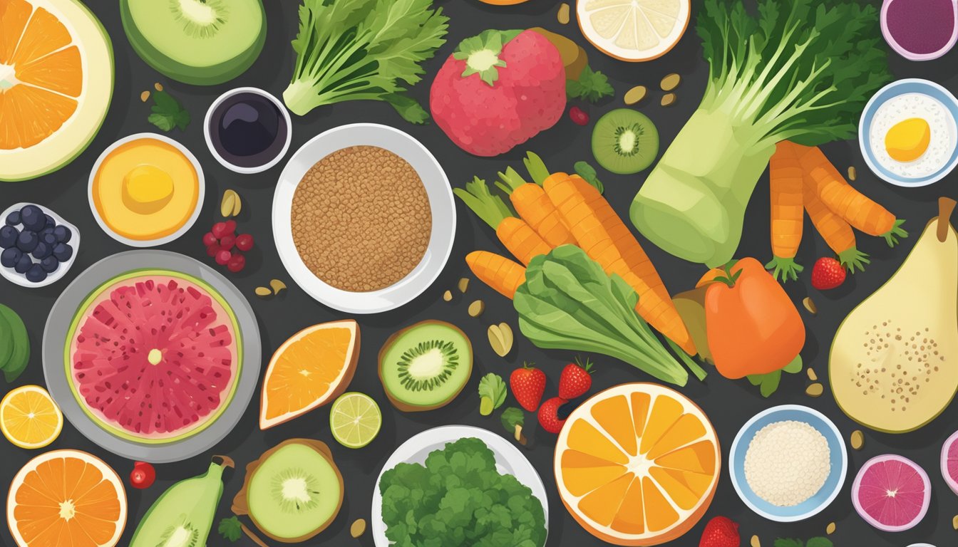 A colorful array of fresh fruits, vegetables, whole grains, and lean proteins arranged on a table, with a measuring cup and portioned plates nearby