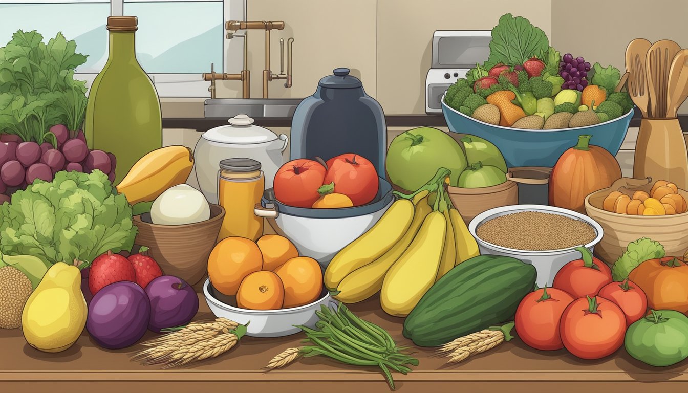 A colorful array of fresh fruits, vegetables, and whole grains laid out on a kitchen counter, with a variety of cooking utensils and pots nearby