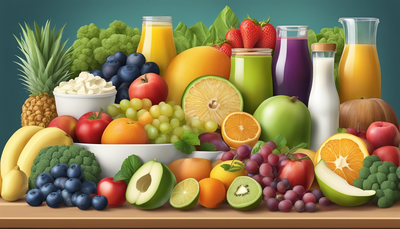 A colorful array of fruits, vegetables, nuts, and dairy products arranged on a table, with a focus on foods that support blood glucose and bone health