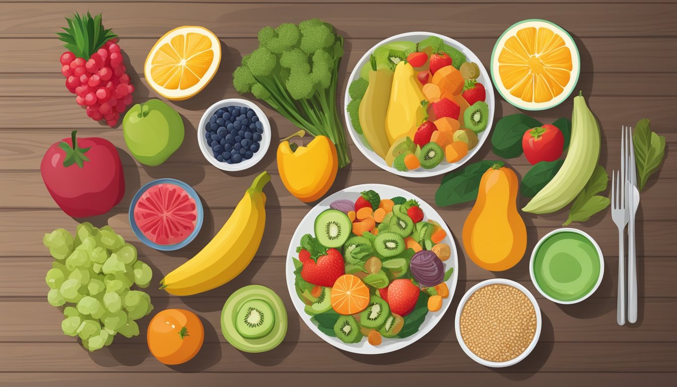 A colorful array of fruits, vegetables, and whole grains arranged on a table, with a plate of balanced diabetic-friendly meal in the center