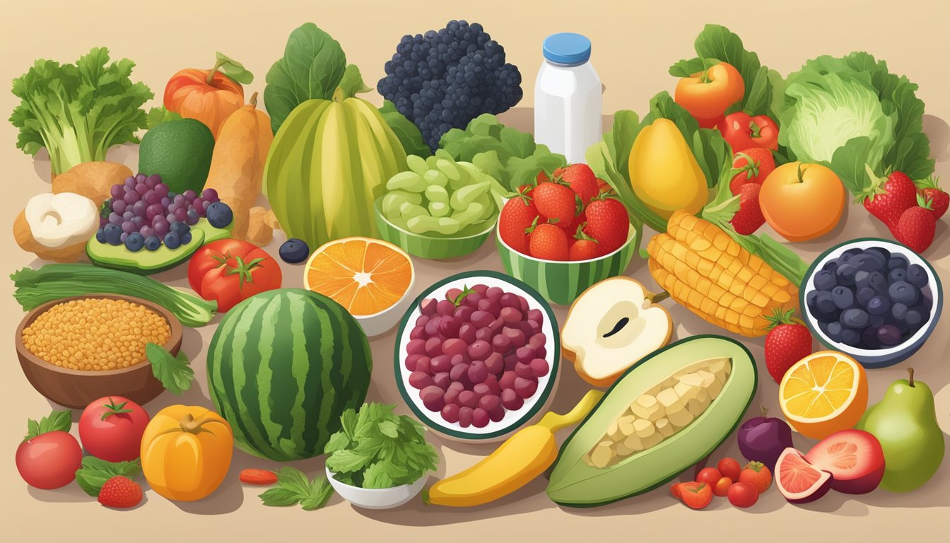 A colorful array of fresh fruits, vegetables, lean proteins, and whole grains arranged on a table, with a focus on balanced and nutritious meal options for diabetics