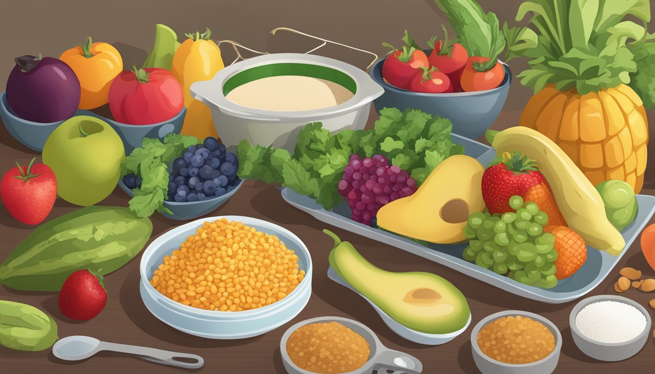 A variety of colorful fruits, vegetables, and whole grains arranged on a table, with a measuring cup and a blood glucose monitor nearby