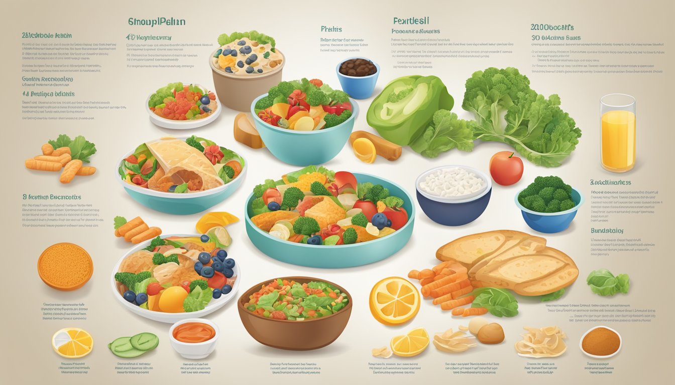 A colorful meal plan chart for diabetics, featuring a variety of foods and portion sizes, with a focus on bone health