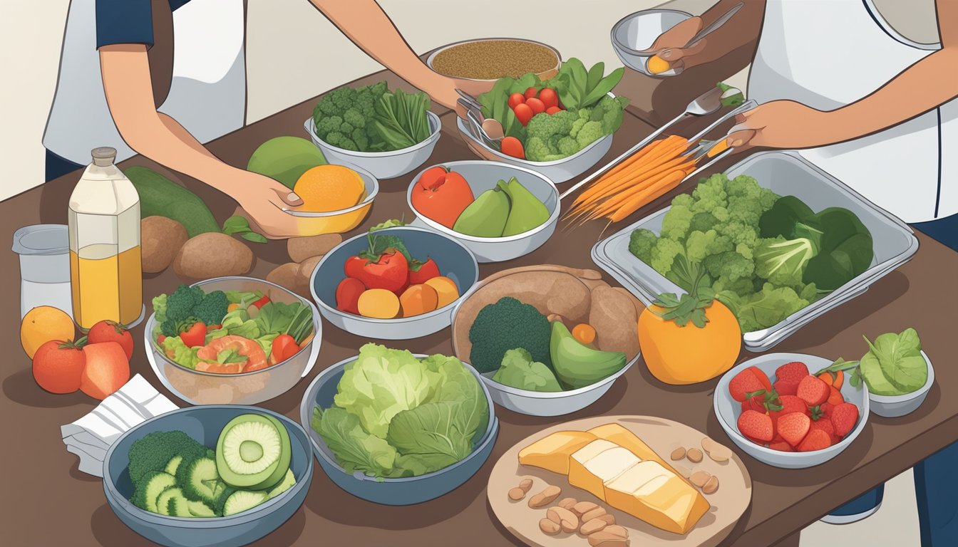 A person preparing a variety of healthy meals, including fruits, vegetables, and lean proteins, while incorporating a diabetes-friendly meal plan into their daily routine