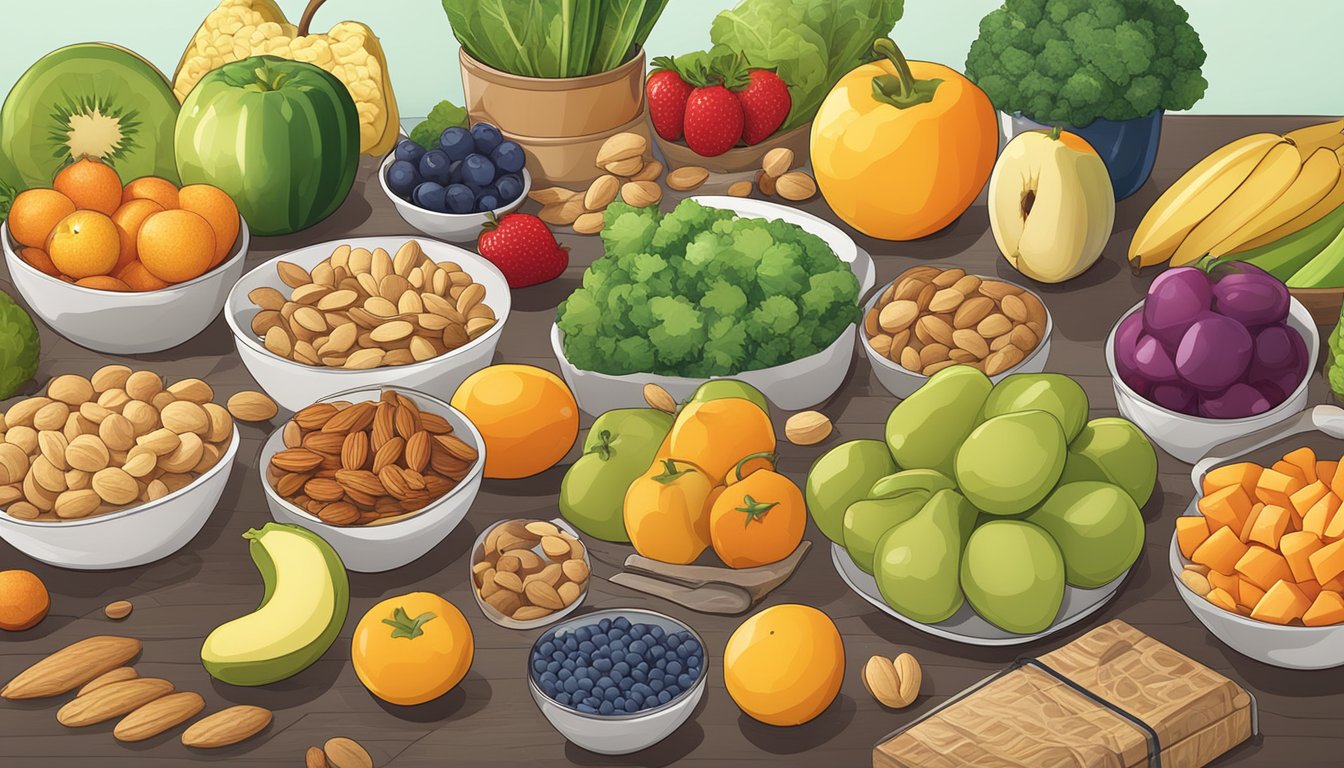 A table with a variety of healthy snack options such as fruits, nuts, and vegetables, along with a measuring scale and a tape measure for tracking progress