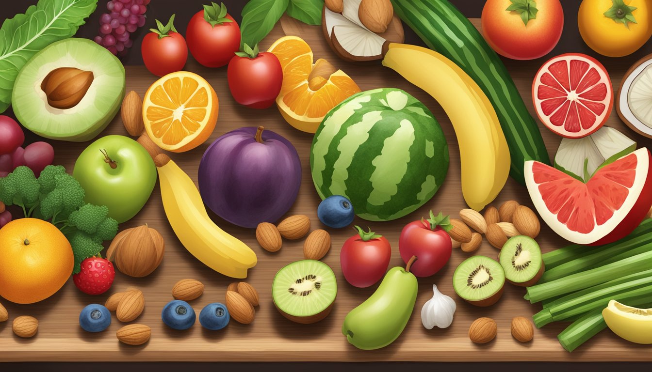 A colorful array of fresh fruits, nuts, and vegetables arranged on a wooden cutting board, with a measuring tape nearby