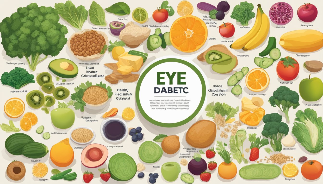 A table set with a variety of colorful, nutrient-rich foods, such as fruits, vegetables, whole grains, and lean proteins, surrounded by images of healthy eyes and informational diagrams about diabetic eye conditions