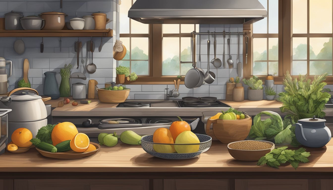 A peaceful, dimly lit kitchen with a variety of fresh fruits, vegetables, and whole grains laid out on the counter. A pot of herbal tea steams gently on the stove, creating a calming atmosphere