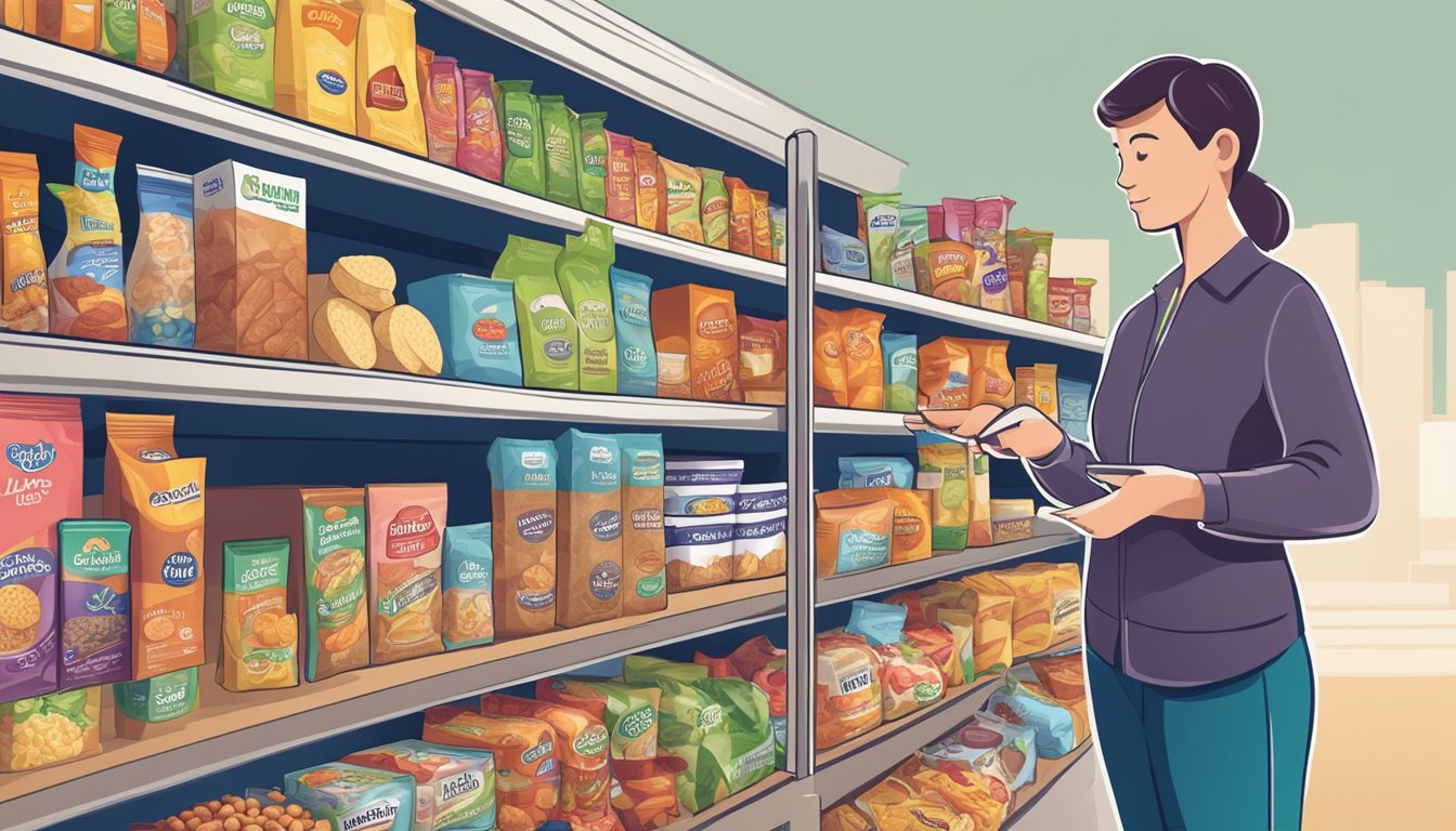 A person standing in front of a variety of snacks, carefully examining each label for nutritional information and comparing options