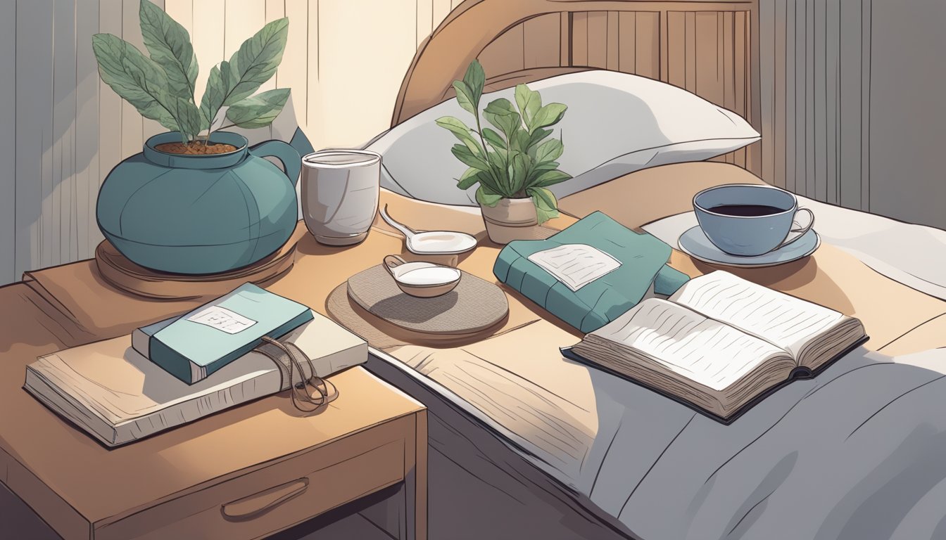 A serene bedroom with a balanced diabetic meal on a bedside table, surrounded by calming elements like herbal tea, a sleep mask, and a book