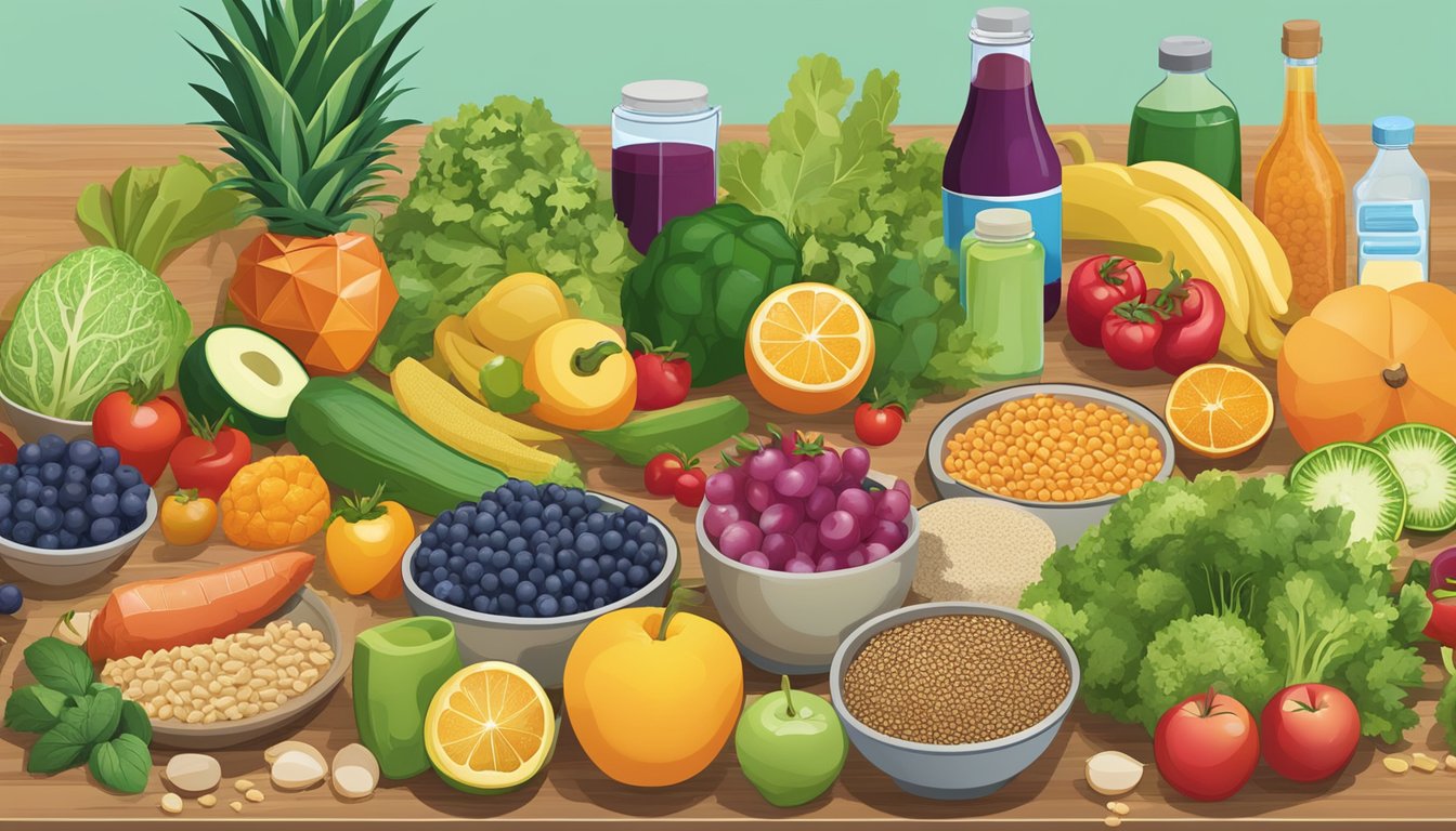 A colorful array of fruits, vegetables, whole grains, and lean proteins arranged on a table, with a focus on items known to support vision and manage diabetes